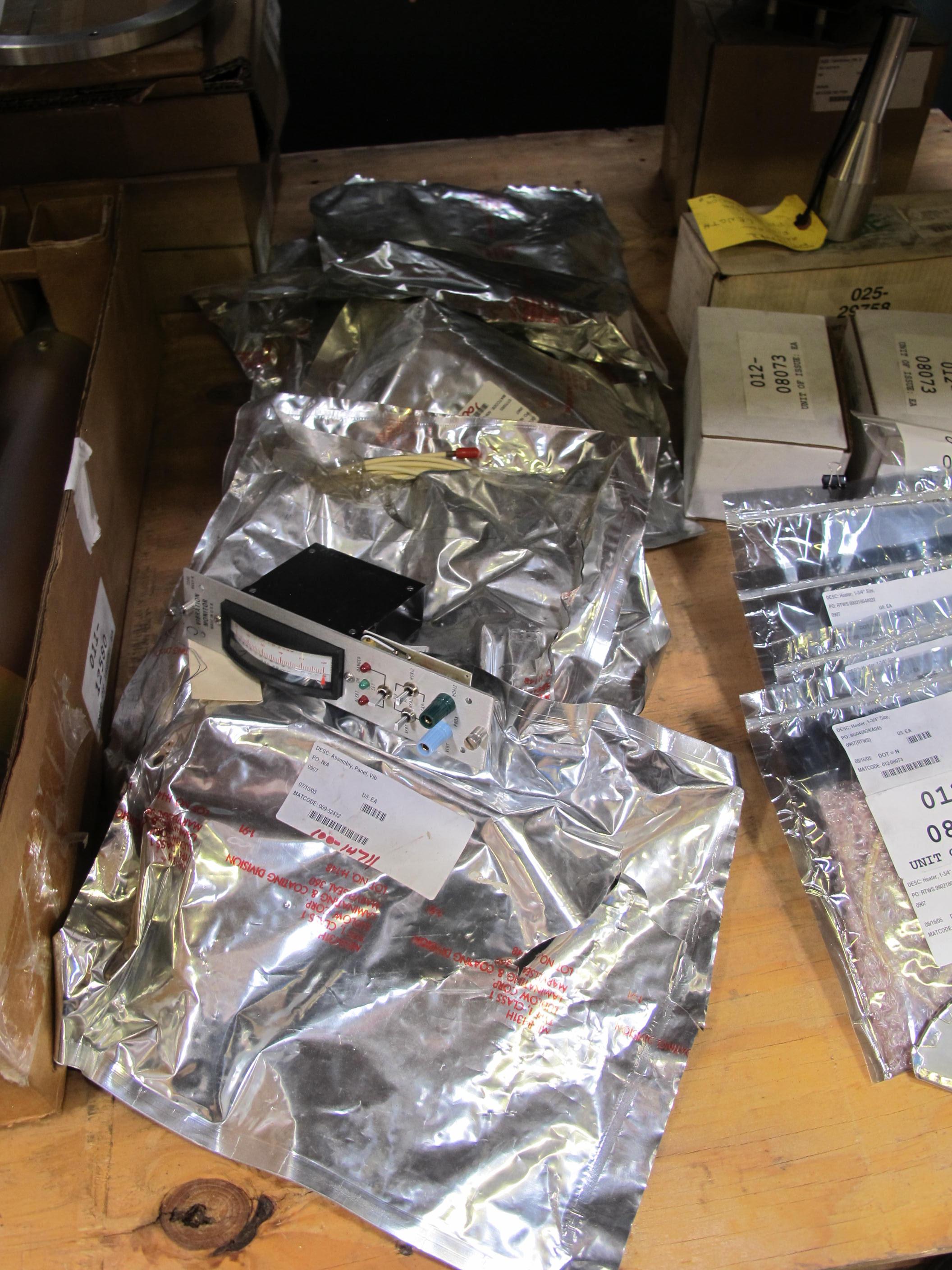 LOT TO INCLUDE: (1) SNUBBER, MECHANICAL TYPE, 12" STROKE, 14400# DESIGN/UPSET 144# BREAKAWAY RATING, -30 TO 300 DEG F TEMPERATURE RANGE, 3 TO 33 HZ LOADING CYCLE. MODEL PSA-10L ACCELERATION SENSITIVE SHOCK ARRESTOR, SELF-ALIGNING BALL JOINTS. ELECTROPLATED ZINC AND DIFFUSED, (5) HEATERS, 1-3/4" SIZE, 115 VOLT, 250 WATT, RADIAL KIND. 1-3/4" WD RADIAL SHAPE FOR MODEL 85 EXPLOSIVE DETECTOR, (7) ASSEMBLIES, PANEL TYPE, VIBRATION MONITOR KIND. FRONT FOR MODEL RVXY VIBRATION MONITOR, CONTROL PANEL INSTRUMENTS, (2) AGASTAT TIMING RELAY TYCO PART # 1-1423168-6. LOADING & HANDLING FEE $15-4132